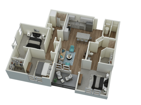 Unit C1 Balcony 3-bedroom, 2-bath 1,371 sqft 3D floor plan at Canopy Park Apartments, Alabama